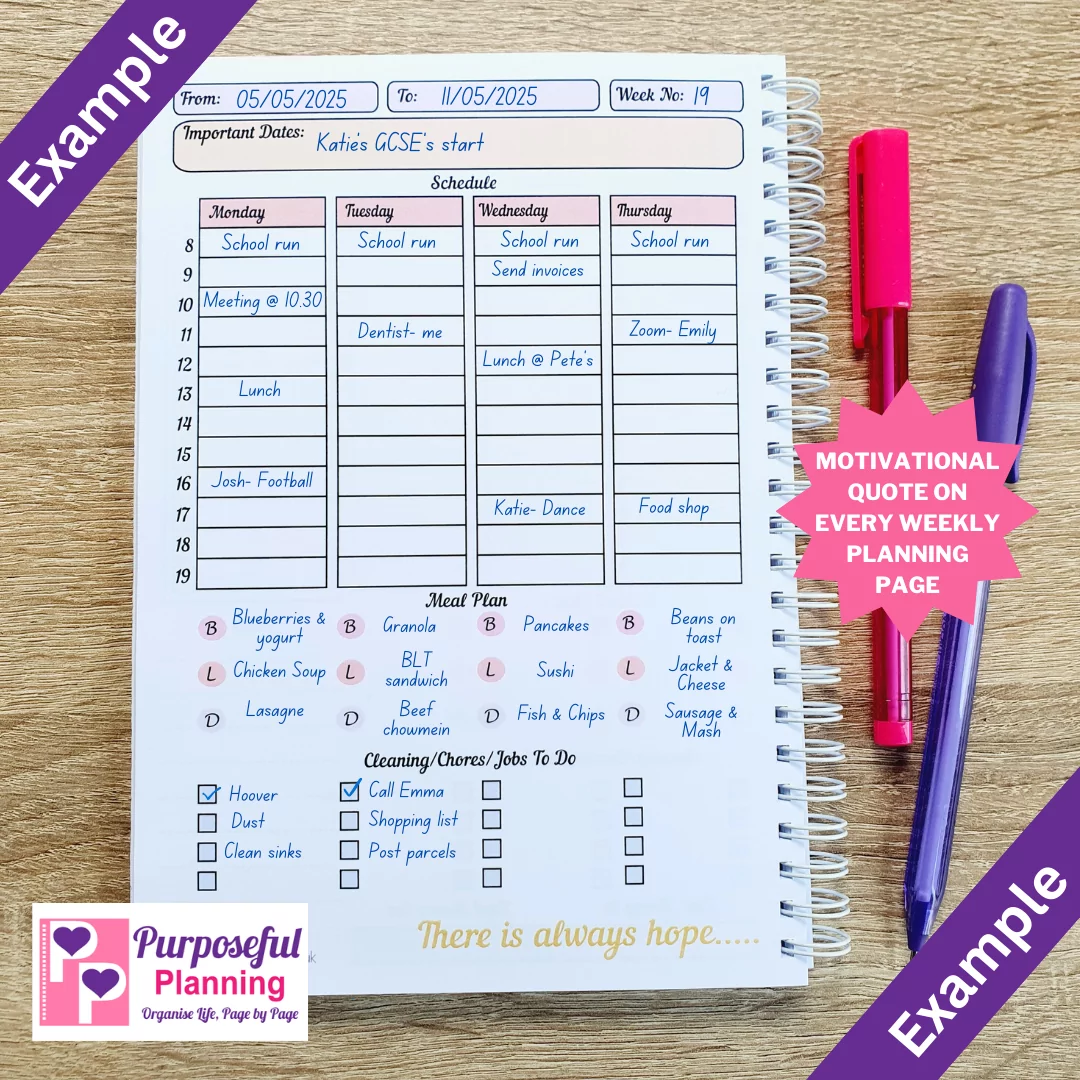 Example of filled-in weekly planner page 1 showing tasks, appointments, and priorities