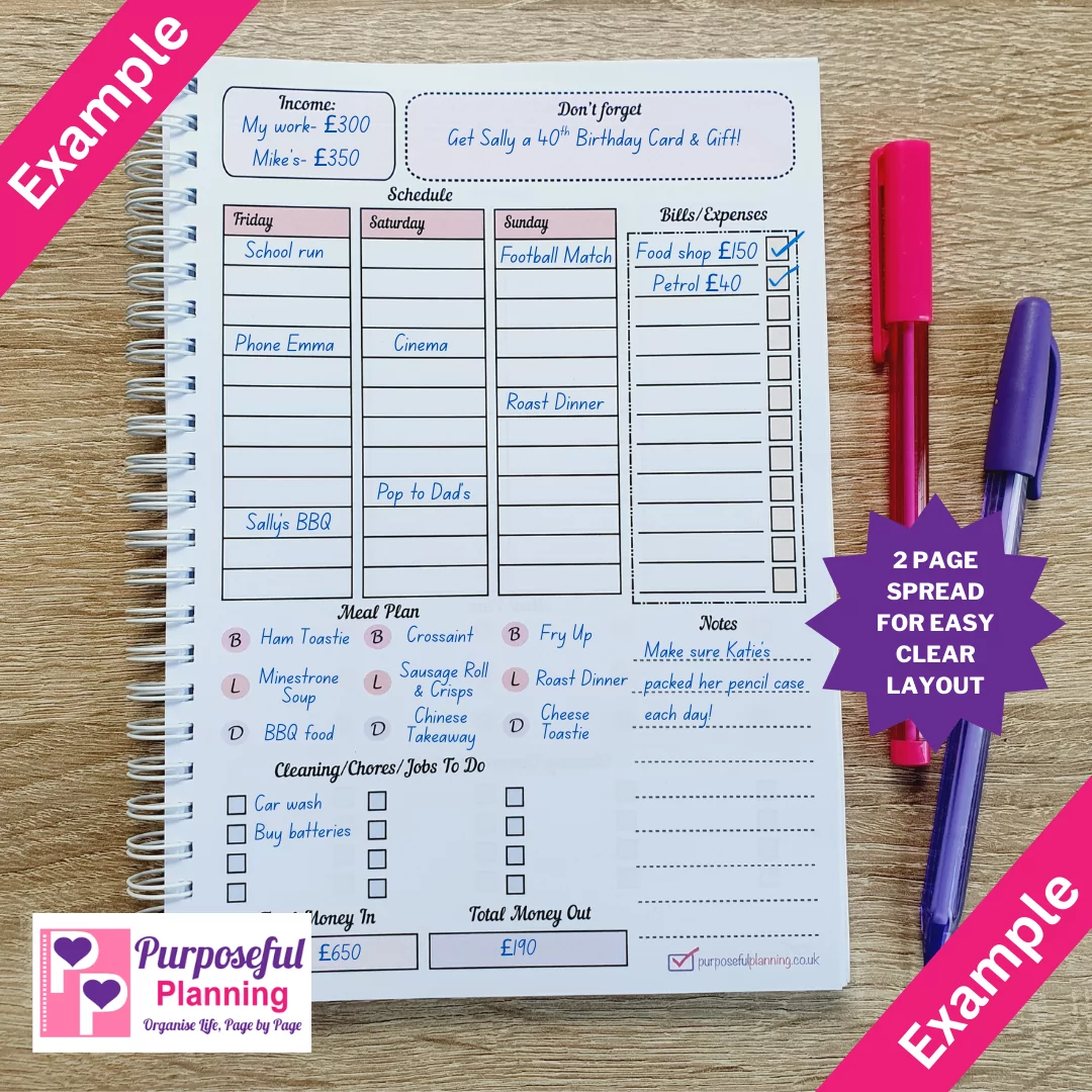 Example of filled-in weekly planner page 2 showing tasks, appointments, and priorities