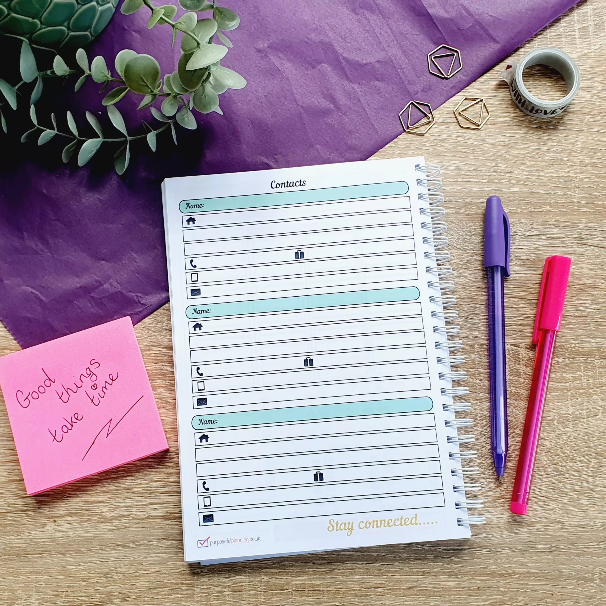 Organised contacts page with space for names, numbers and email addresses