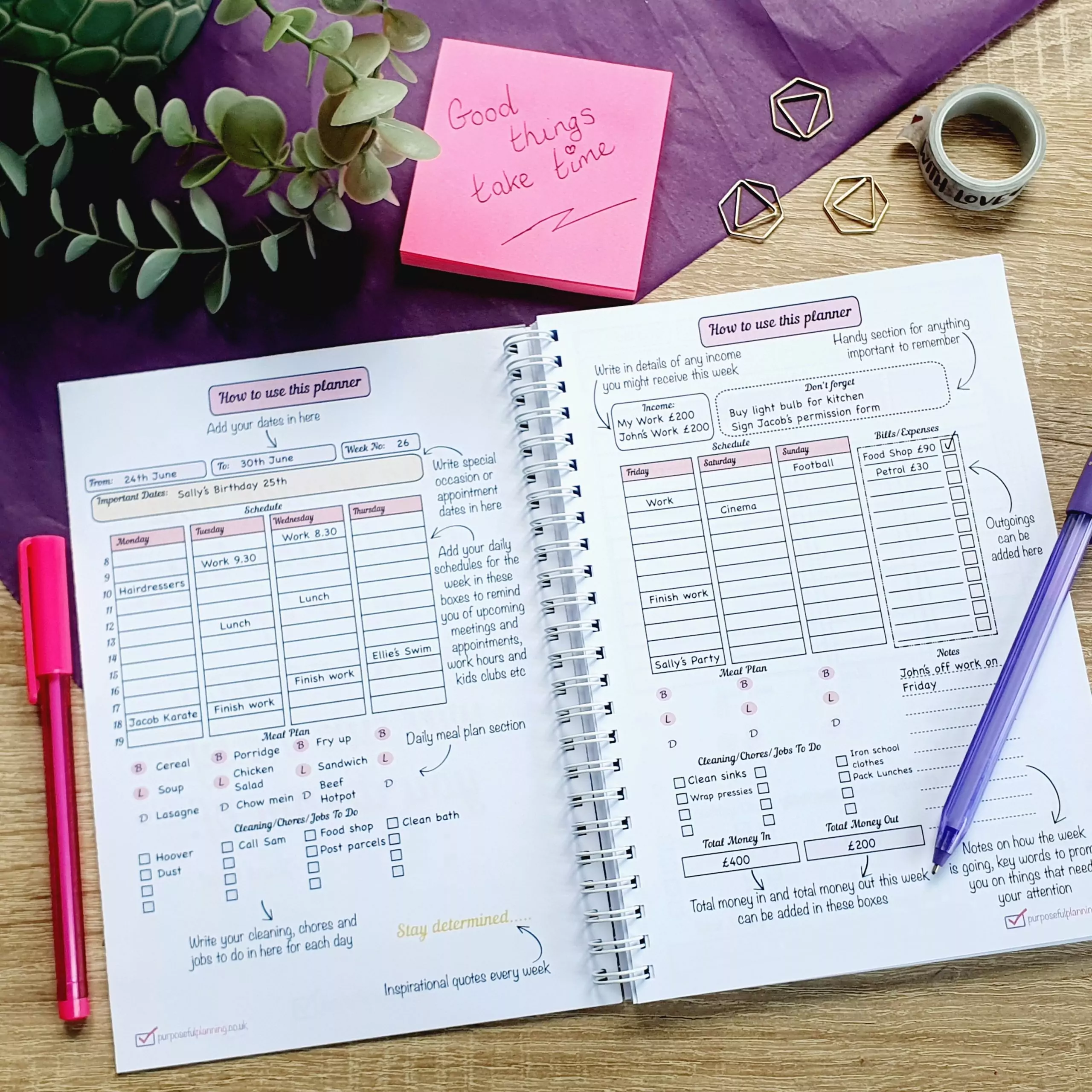 Instruction page explaining how to use the personalised weekly planner effectively