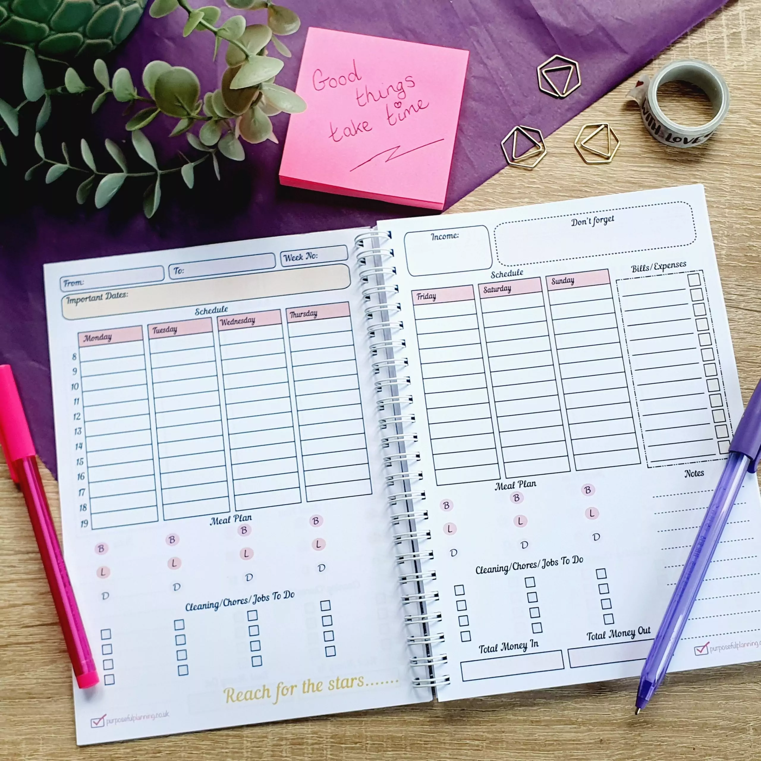 Undated weekly planner layout with space for tasks, priorities and goals