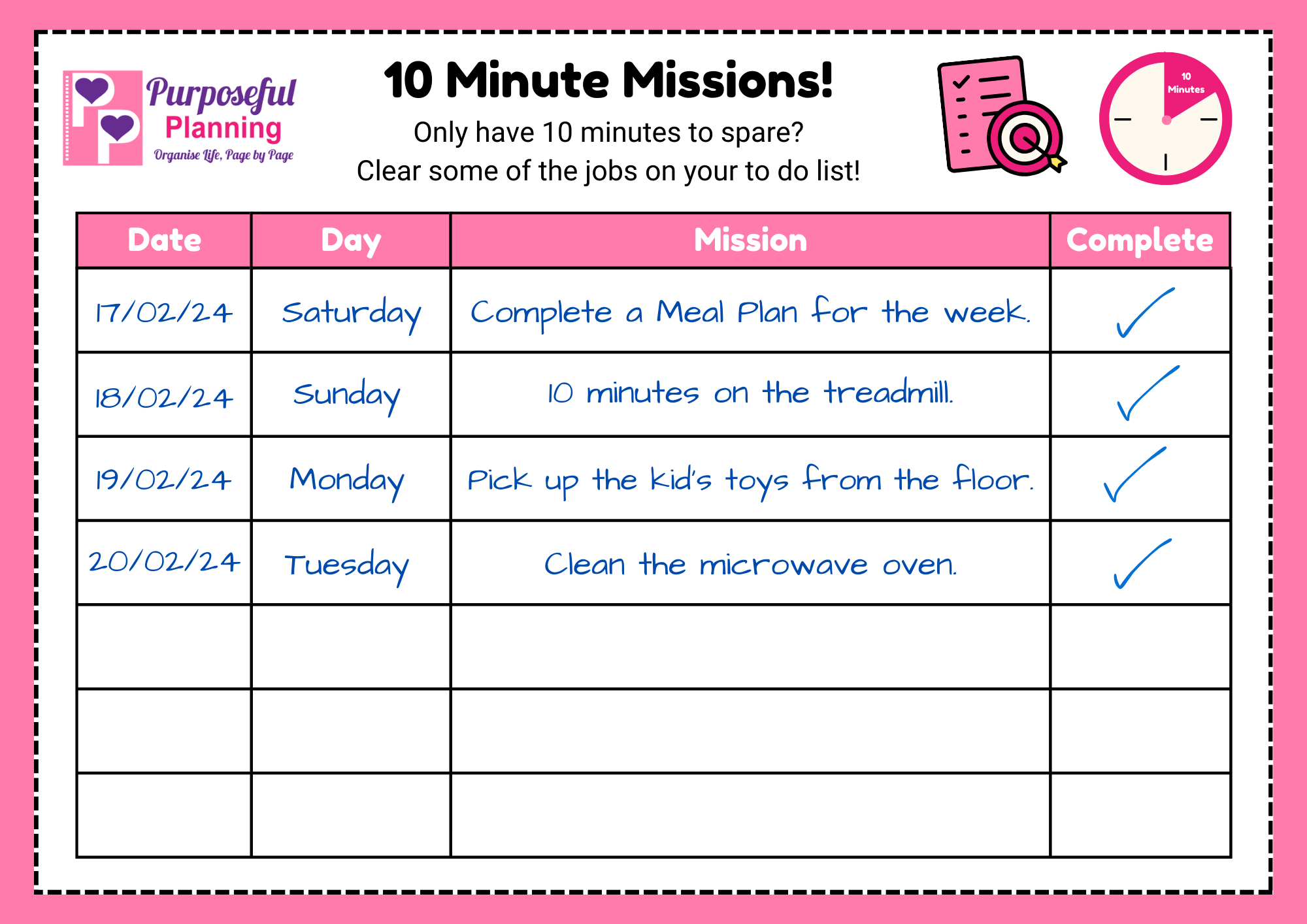 Example- Purposeful Planning's 10 Minute Missions! Free Printable
