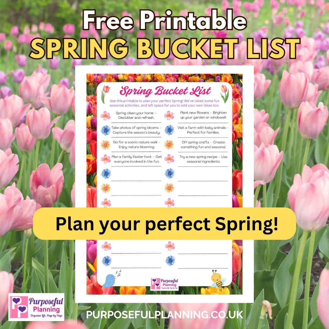 Free Printable Spring Bucket List with pink tulip background and text- Plan your perfect Spring!